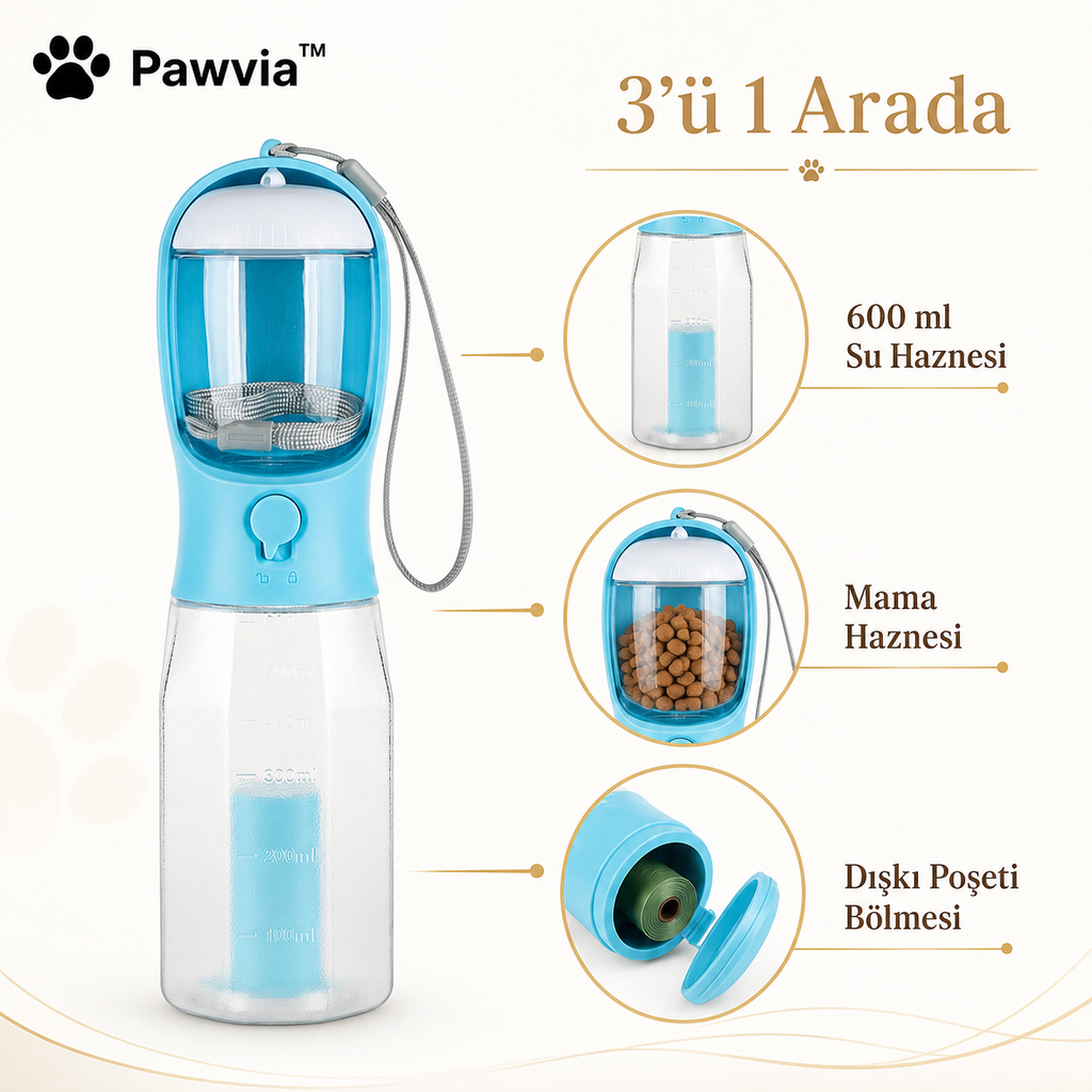 Pawvia™ GoBottle | 3’ü 1 Arada Seyahat Suluğu