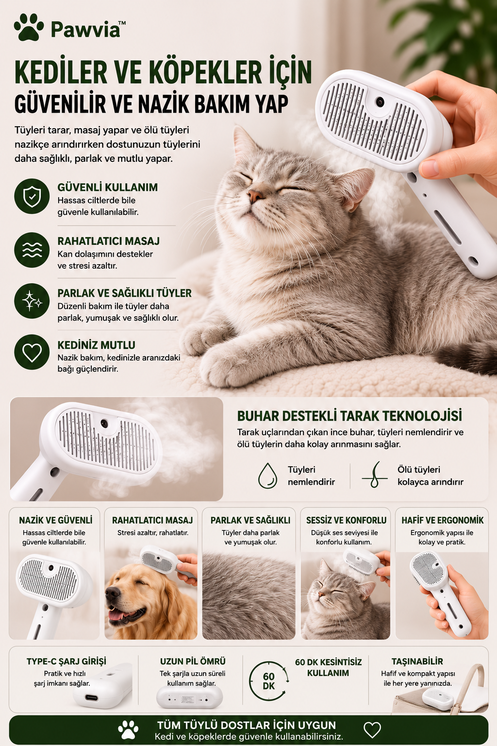 Pawvia™ SteamBrush Pro | Buharlı Kedi & Köpek Bakım Tarağı