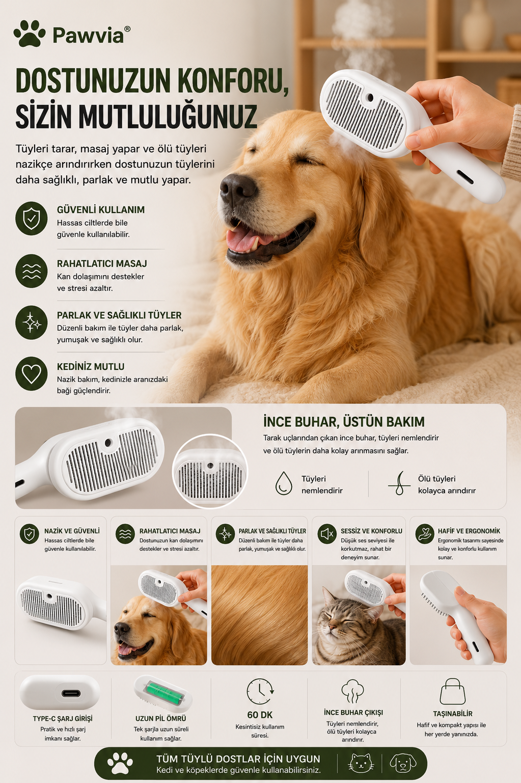 Pawvia™ SteamBrush Pro | Buharlı Kedi & Köpek Bakım Tarağı