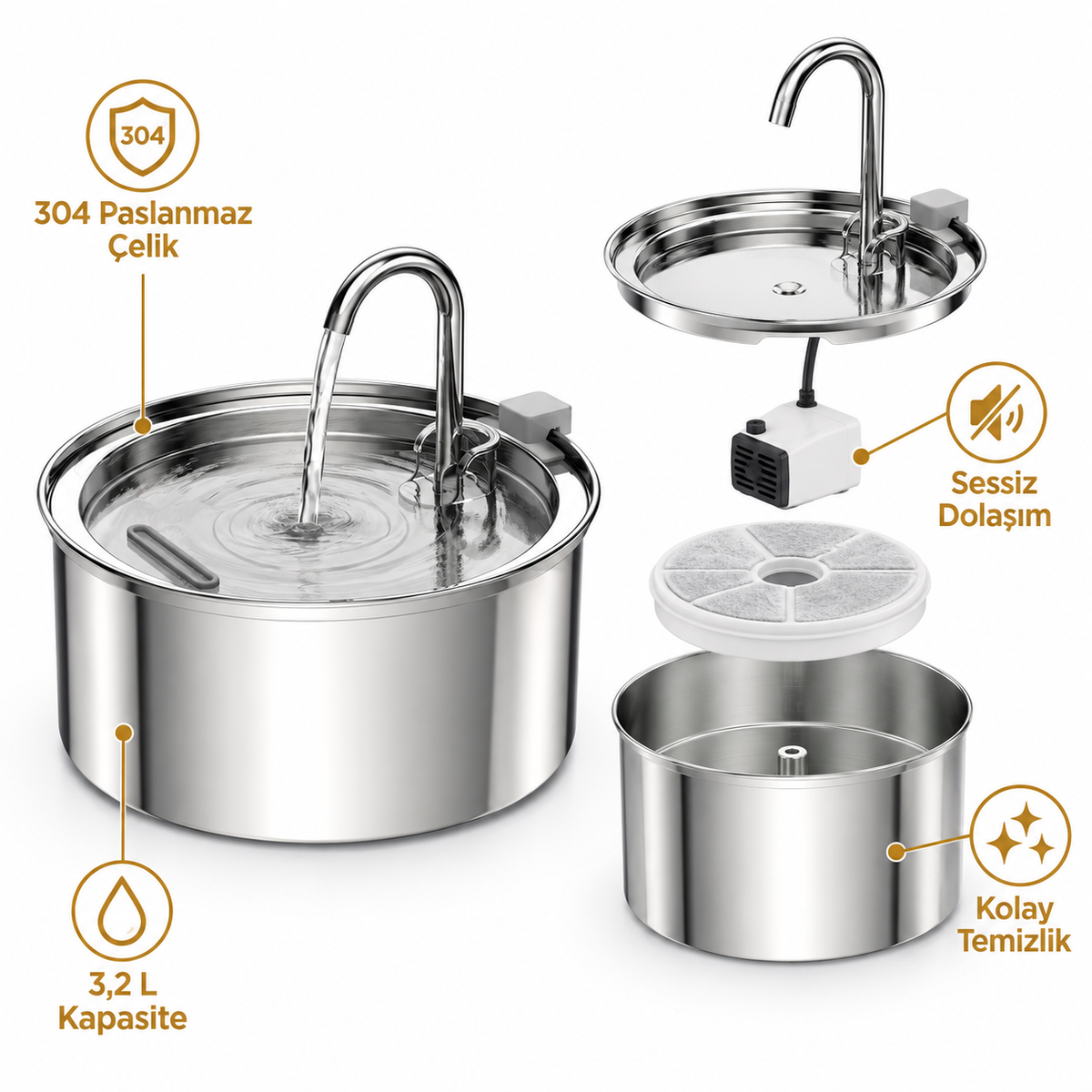 Pawvia™ SteelSpring | 3,2 L Paslanmaz Çelik Evcil Hayvan Su Pınarı