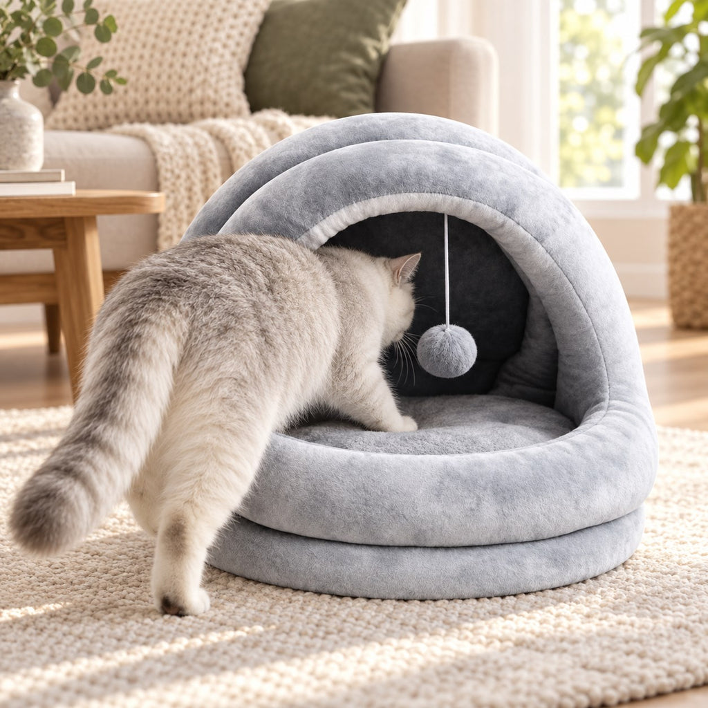 Pawvia™ CloudCove | Peluş Kapalı Kedi ve Küçük Köpek Yatağı