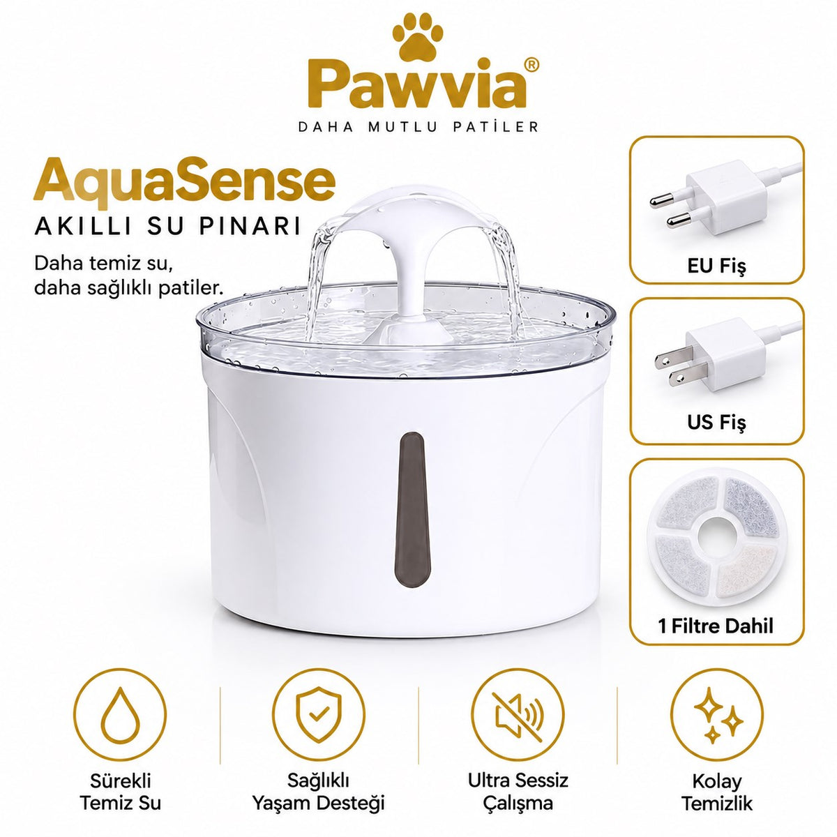 Pawvia™ AquaSense | 2,5 L Akıllı Filtreli Evcil Hayvan Su Pınarı