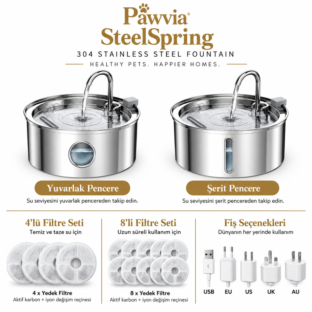 Pawvia™ SteelSpring | 3,2 L Paslanmaz Çelik Evcil Hayvan Su Pınarı