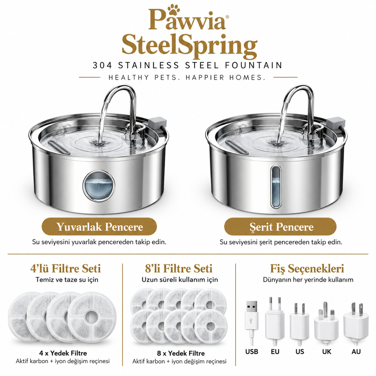 Pawvia™ SteelSpring | 3,2 L Paslanmaz Çelik Evcil Hayvan Su Pınarı